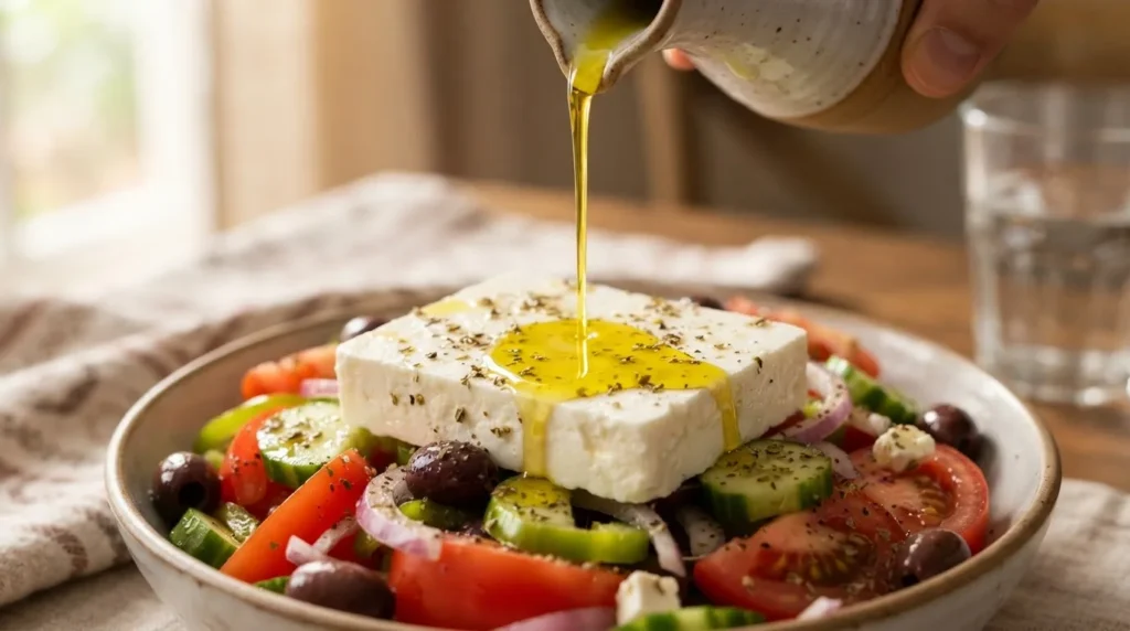 Olive oil being poured over a whole slab of feta on top of a Greek salad sprinkled with oregano