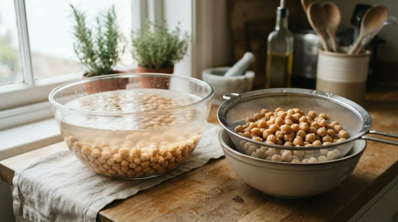 Dried chickpeas soaking in a large glass bowl of water, with rinsed soaked chickpeas in a colander beside it