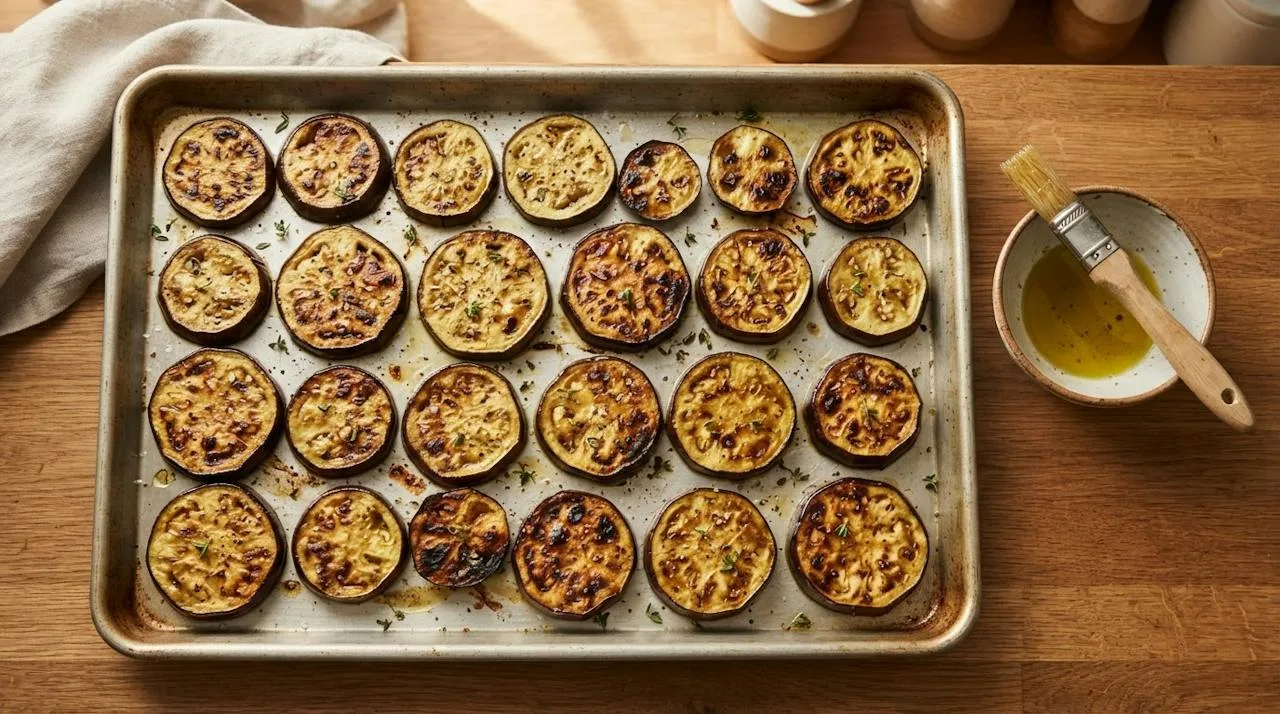 Eggplant slices brushed with olive oil and broiled until browned with charred spots on a sheet pan