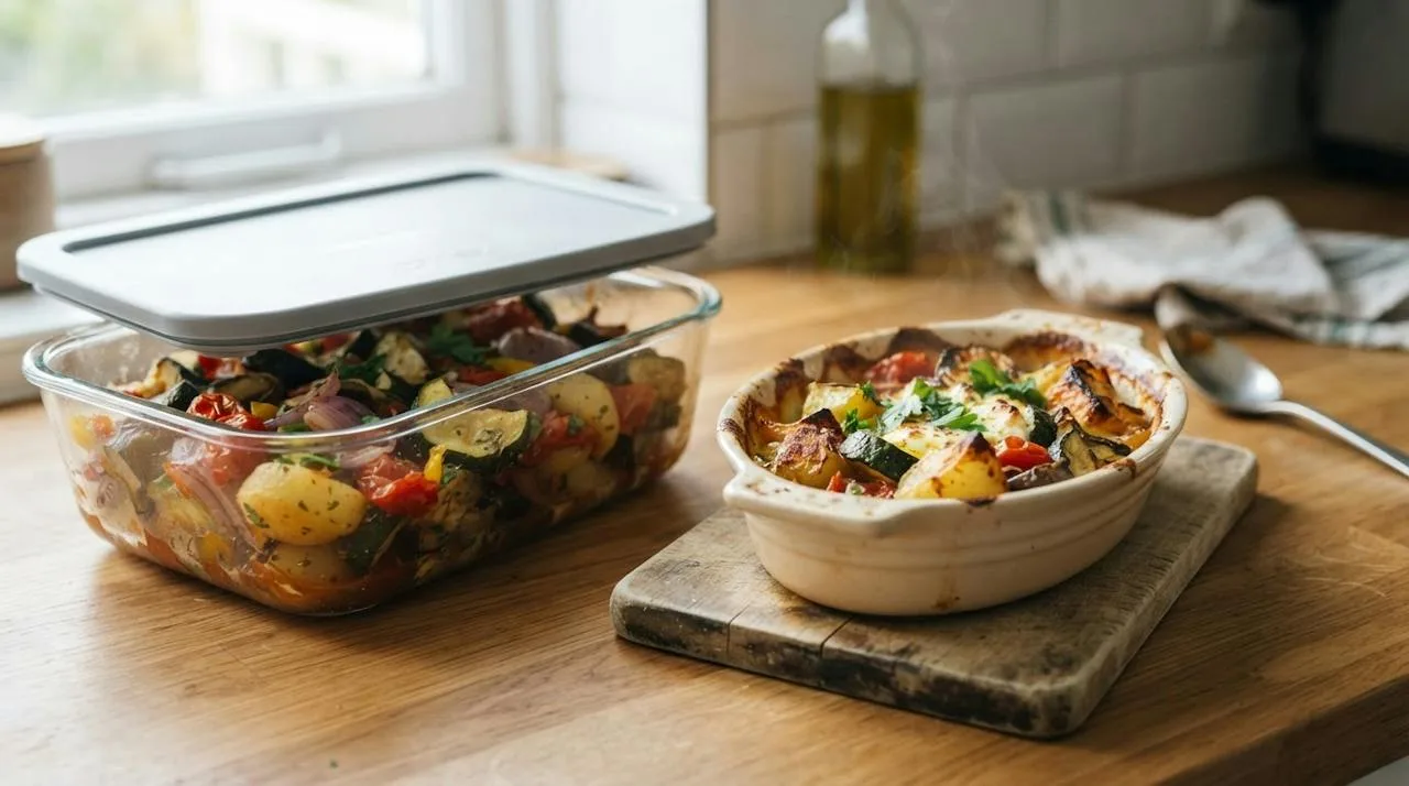 Leftover briam in a covered glass container next to a small dish of briam being reheated