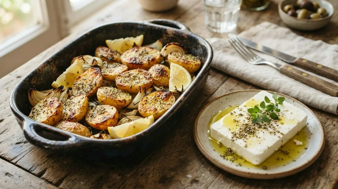 Greek lemon roasted potatoes sprinkled with dried oregano beside feta drizzled with olive oil and oregano