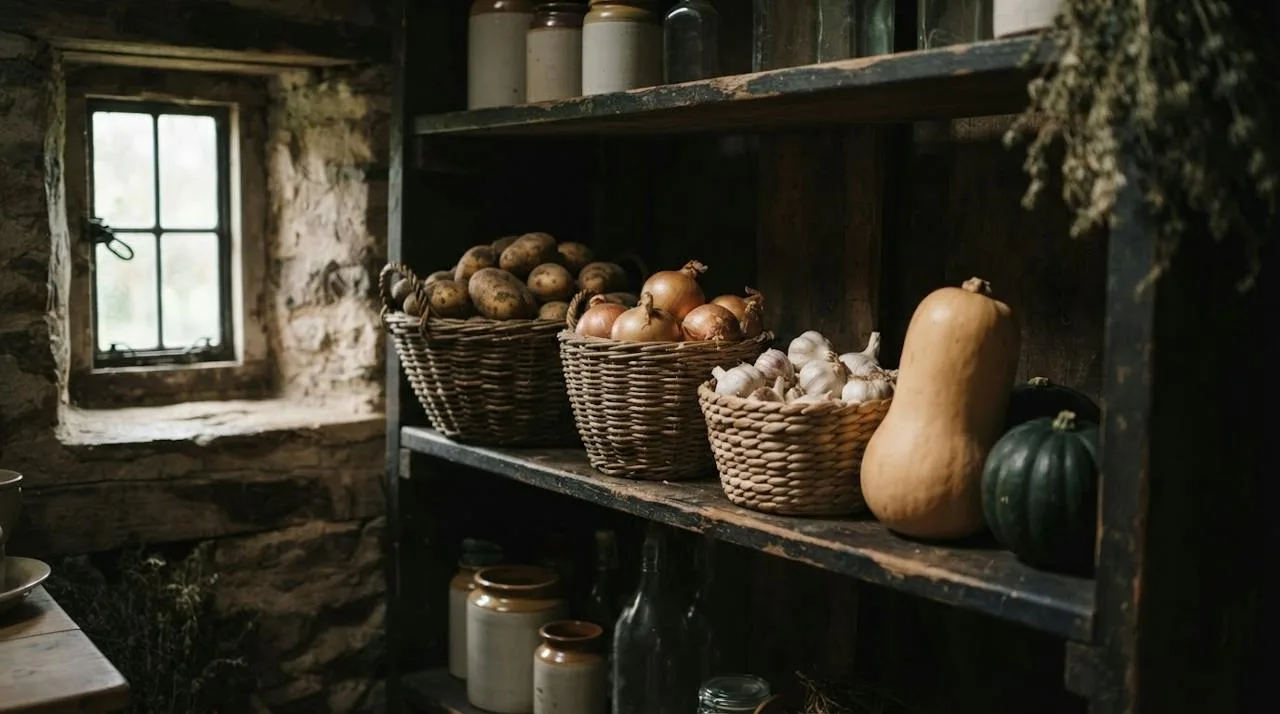 Potatoes, onions, garlic bulbs and a winter squash stored in baskets in a cool, dark pantry