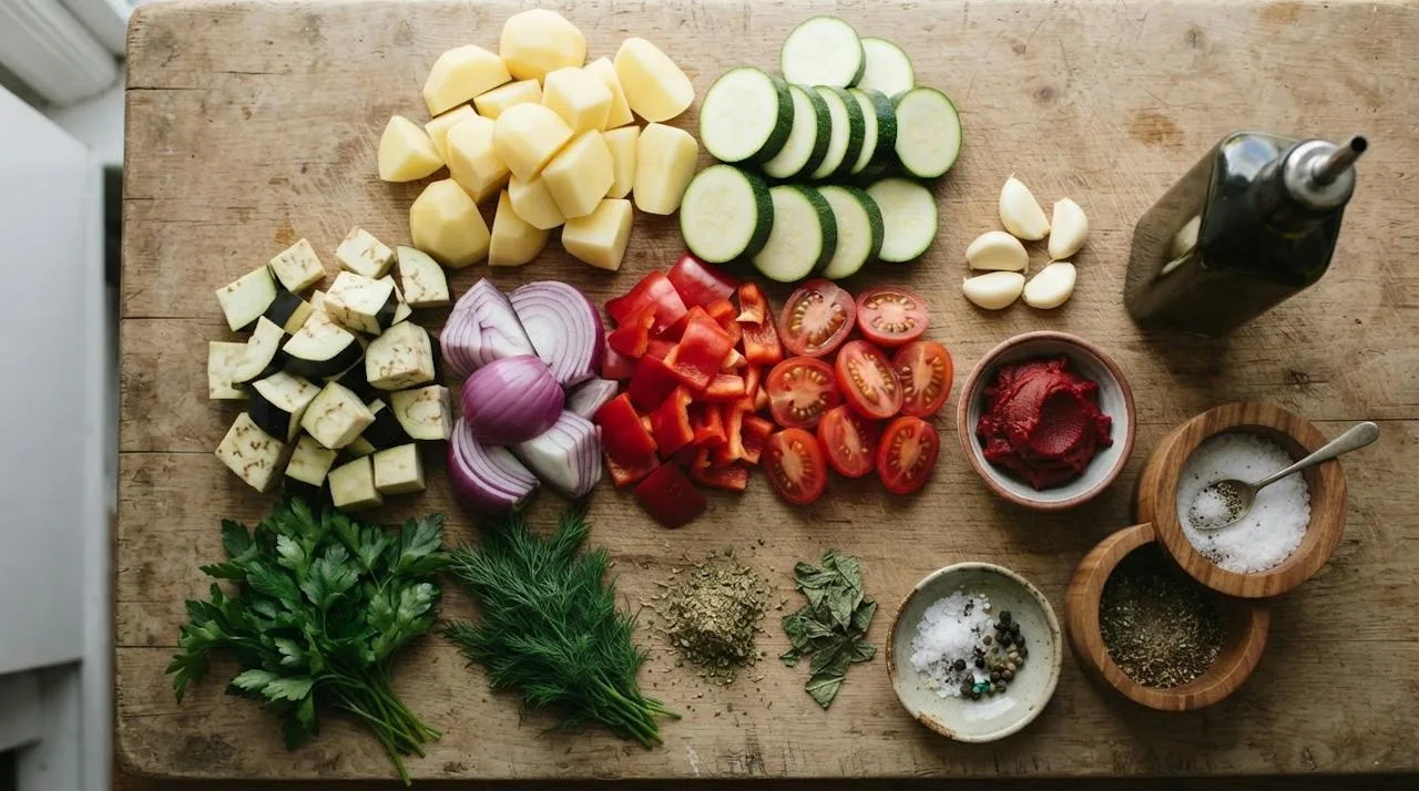Briam ingredients on a wooden surface: potatoes, zucchini, eggplant, red onion, red pepper, tomatoes, garlic, tomato paste, olive oil, dried oregano and mint, parsley and dill
