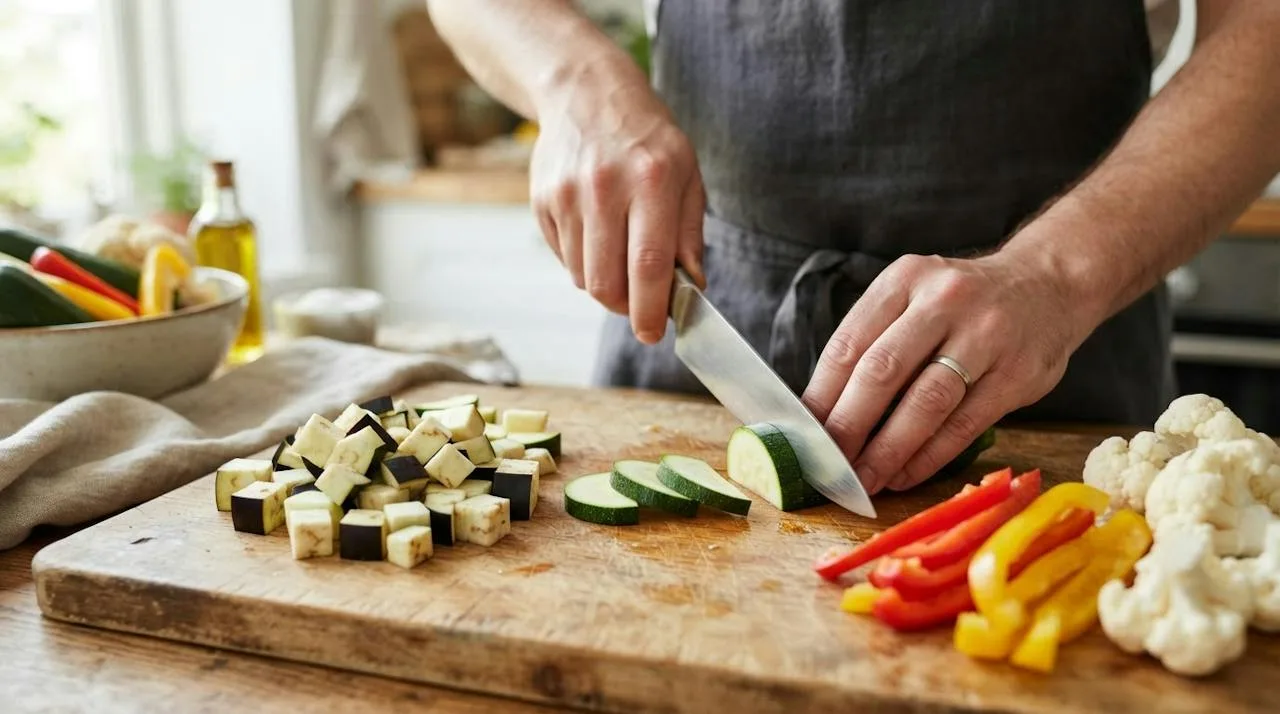 Hands cutting eggplant cubes, zucchini half-moons, pepper strips and cauliflower florets into even pieces