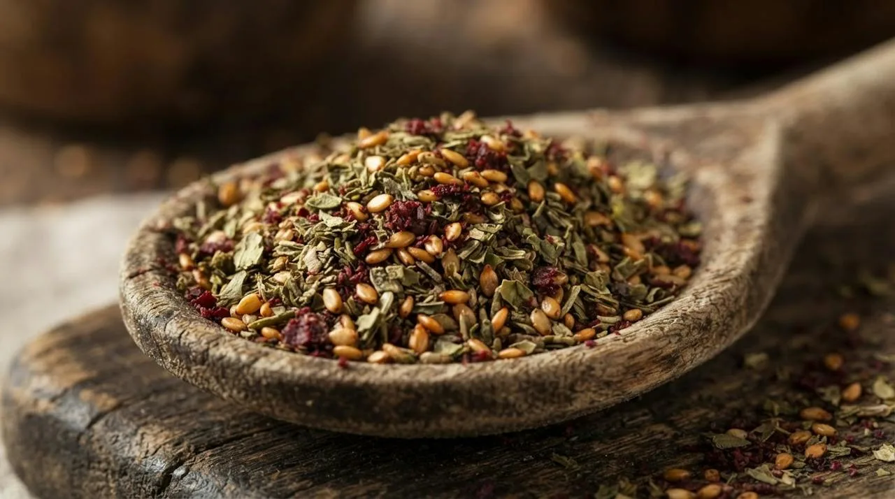 Close-up of finished za'atar on a wooden spoon showing crumbled herbs, whole toasted sesame and red sumac