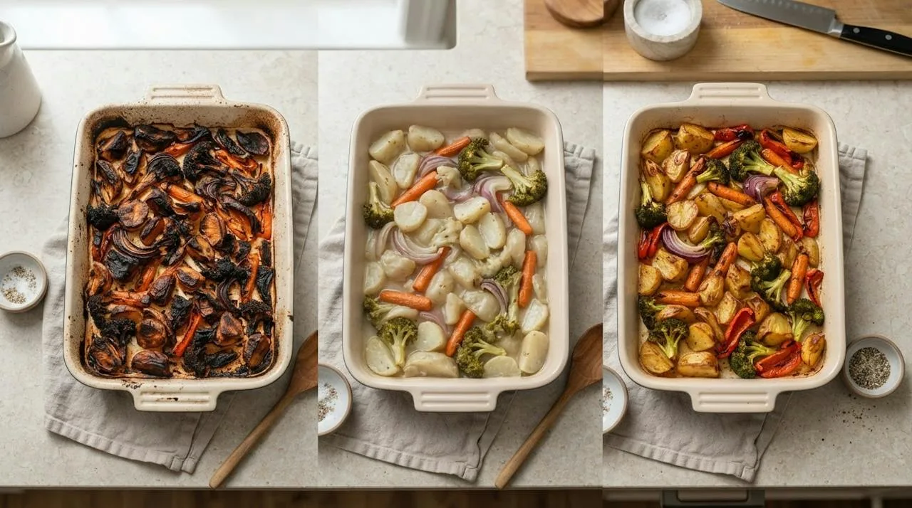 Three trays of roasted vegetables side by side: one burnt and bitter, one pale and undercooked, one perfectly golden and tender