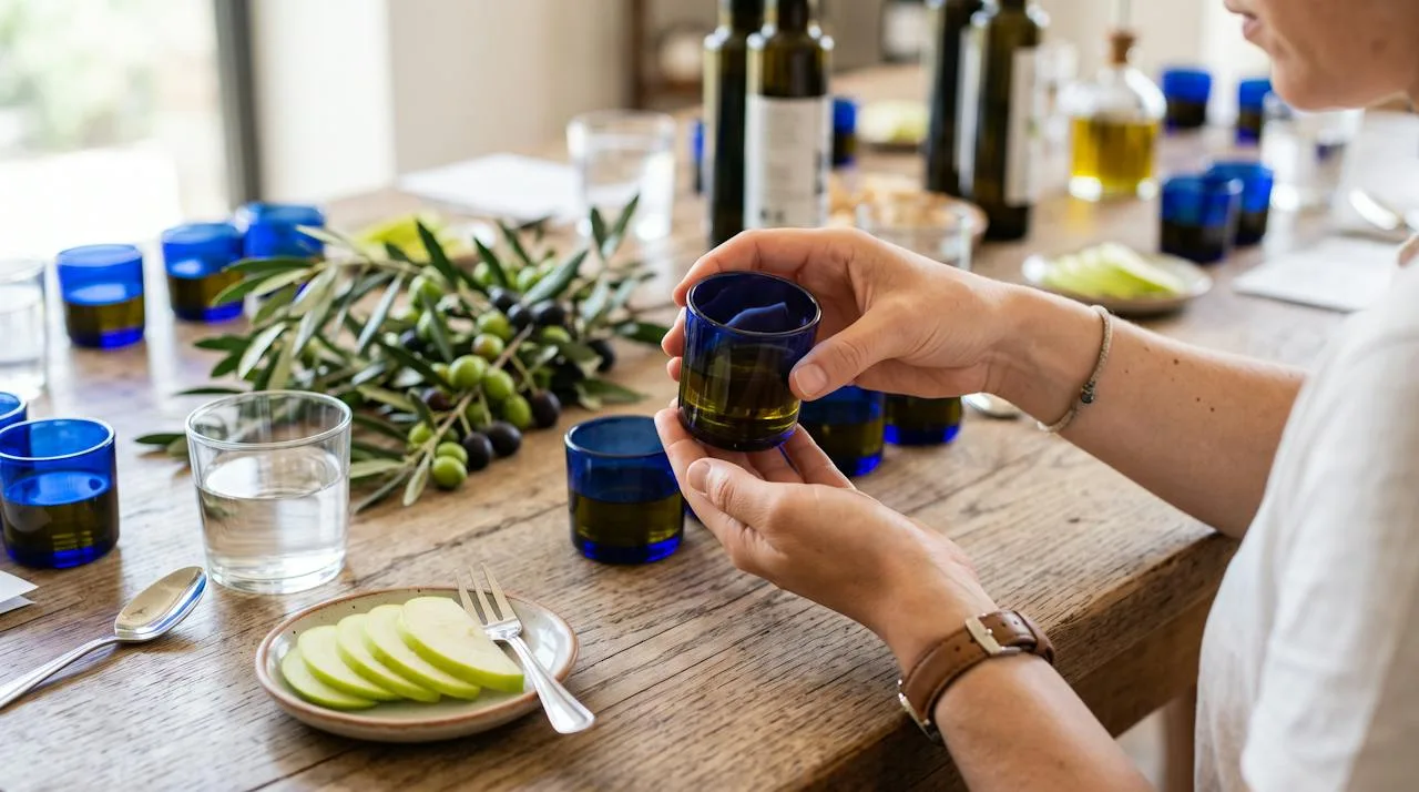 Olive oil tasting setup with blue tasting glasses, green apple slices, water and fresh olives, a hand cupping a glass to warm it