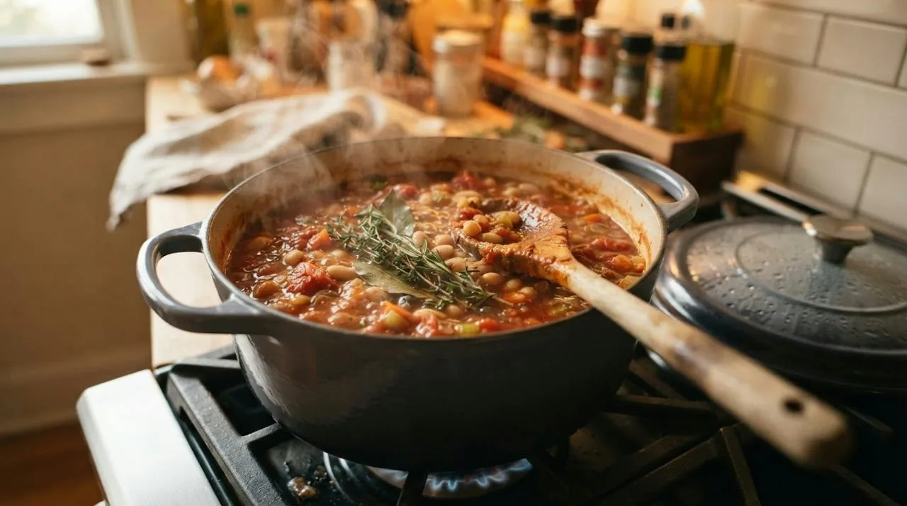 A pot of tomato and white bean stew simmering with sprigs of thyme, rosemary and a bay leaf