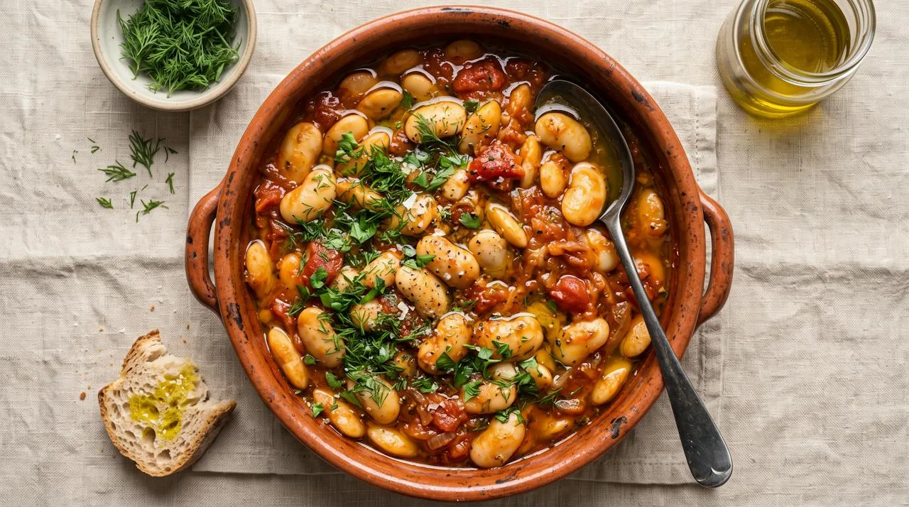 Greek giant white beans slowly braised in tomato and olive oil in a terracotta dish with fresh dill
