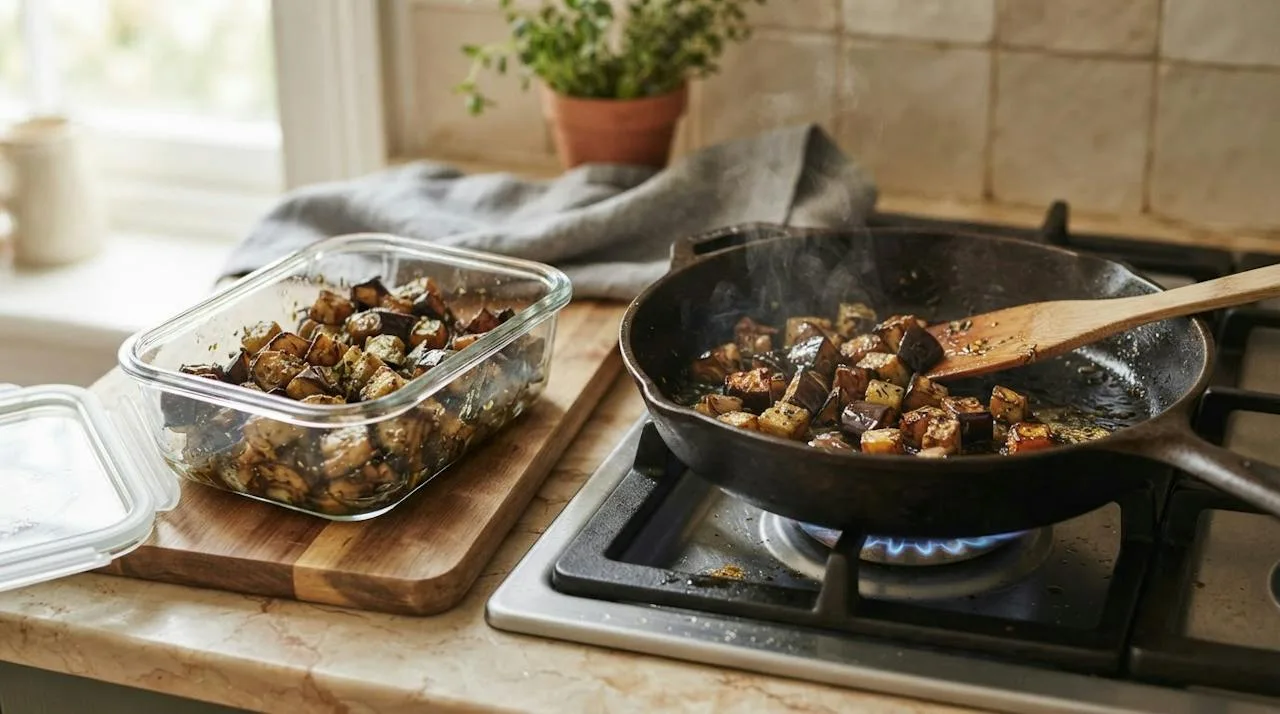 Leftover cooked eggplant in a glass container next to a skillet reheating a portion