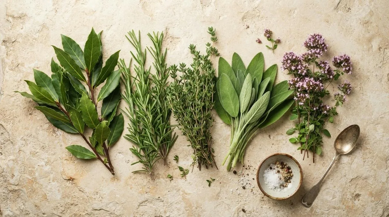 Sprigs of rosemary, thyme, sage, oregano and fresh bay leaves laid out on a stone surface