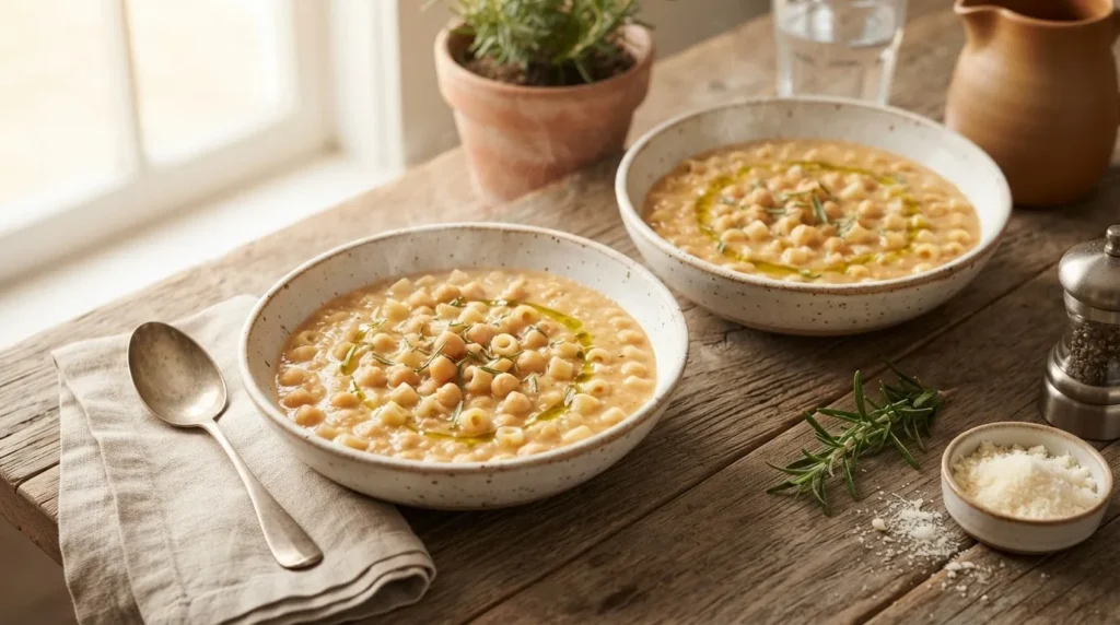 Two bowls of pasta e ceci with ditalini and chickpeas in a creamy broth, topped with olive oil and rosemary
