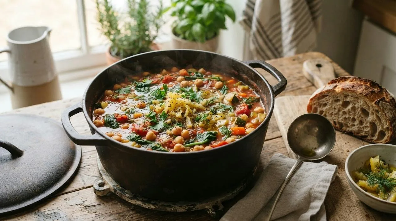 A cast iron pot of chickpea and spinach stew with tomatoes and chopped preserved lemon rind, with crusty bread on the side