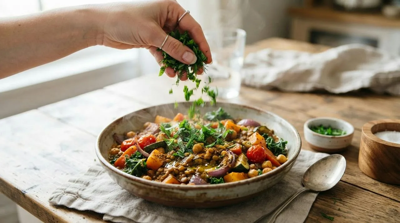 A hand scattering chopped fresh parsley, mint and dill over a bowl of lentils and roasted vegetables