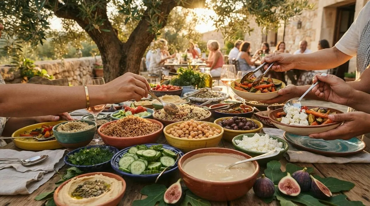 A build-your-own grain bowl spread on a long outdoor table under an olive tree with farro, chickpeas, roasted vegetables, olives, feta and tahini