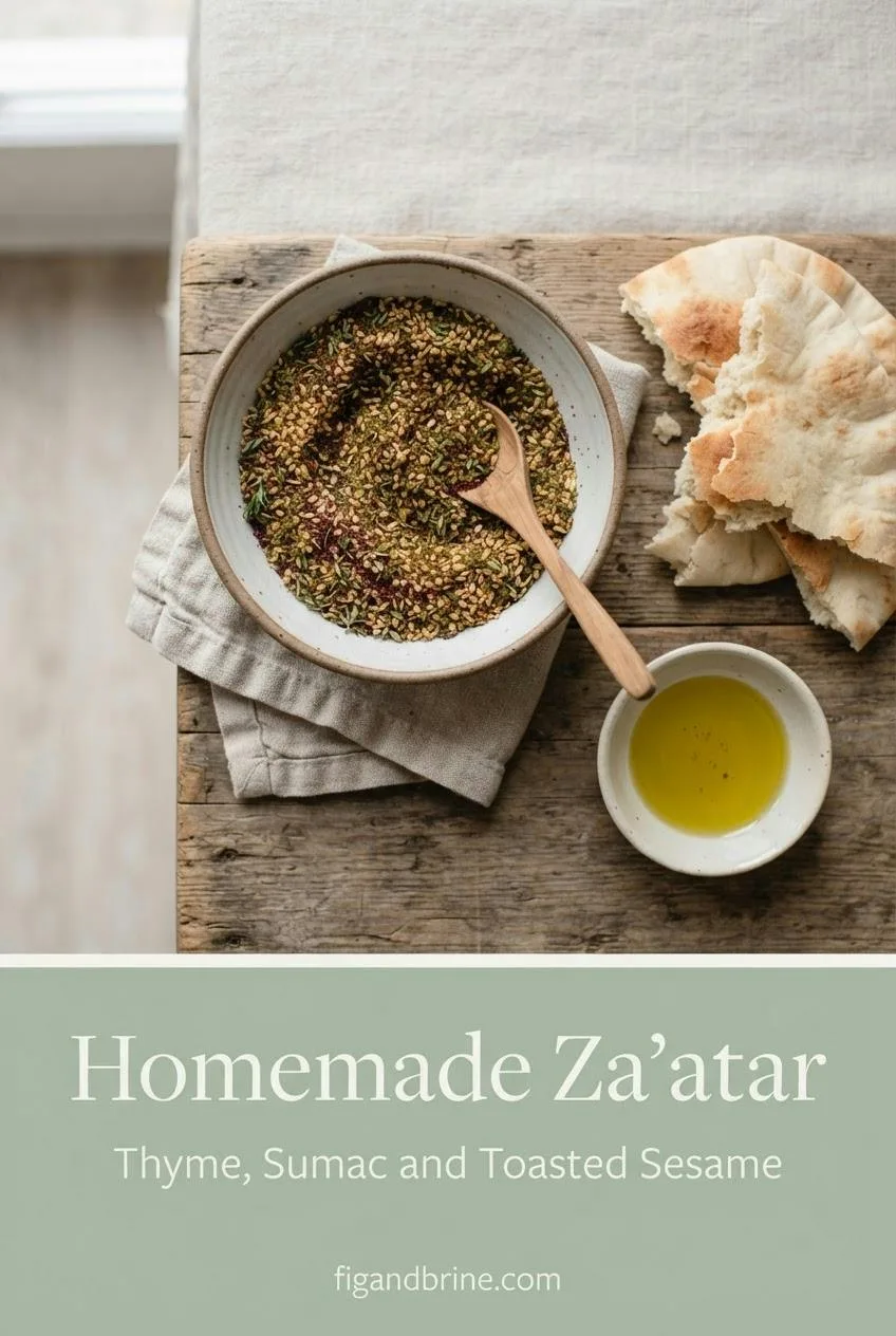 Vertical Pinterest pin showing a bowl of homemade za'atar with flatbread and olive oil, titled Homemade Za'atar