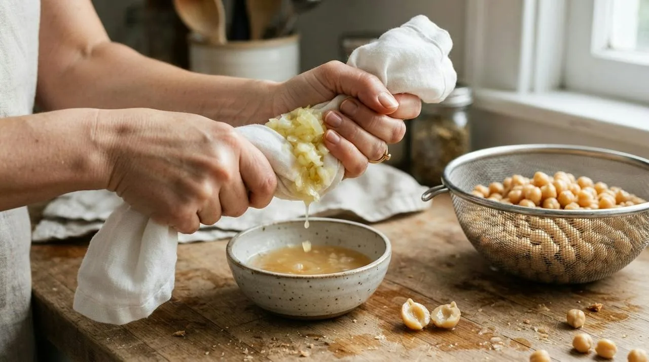 Hands squeezing chopped onion in a kitchen towel over a bowl, with drained soaked chickpeas nearby