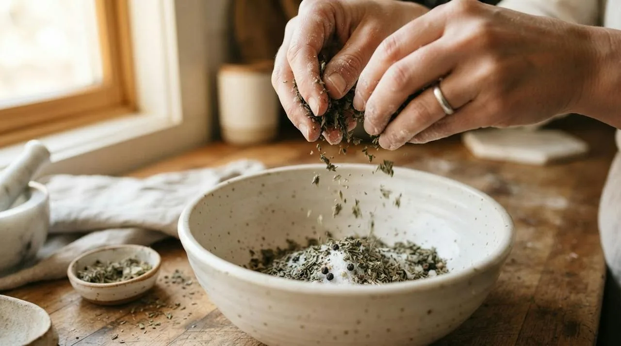 Fingers crumbling dried thyme and oregano over a ceramic mixing bowl