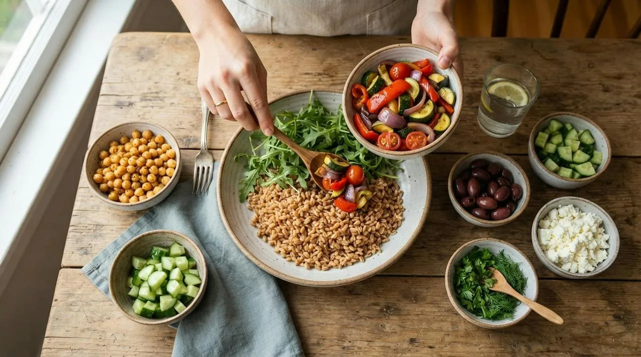 Hands placing roasted vegetables onto a bed of farro in a wide ceramic bowl surrounded by small bowls of chickpeas, cucumber, olives, feta and herbs