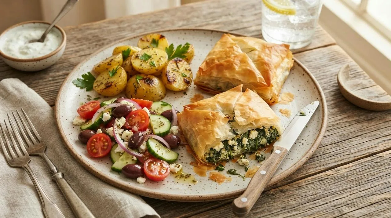 Two squares of spanakopita on a plate with roasted lemon potatoes and a tomato and cucumber salad