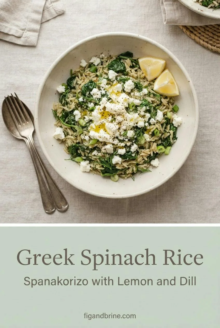 Vertical Pinterest pin showing a bowl of Greek spinach rice with dill, feta and lemon, titled Greek Spinach Rice