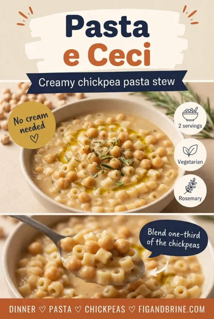 Pinterest pin for creamy pasta e ceci with ditalini, chickpeas and rosemary