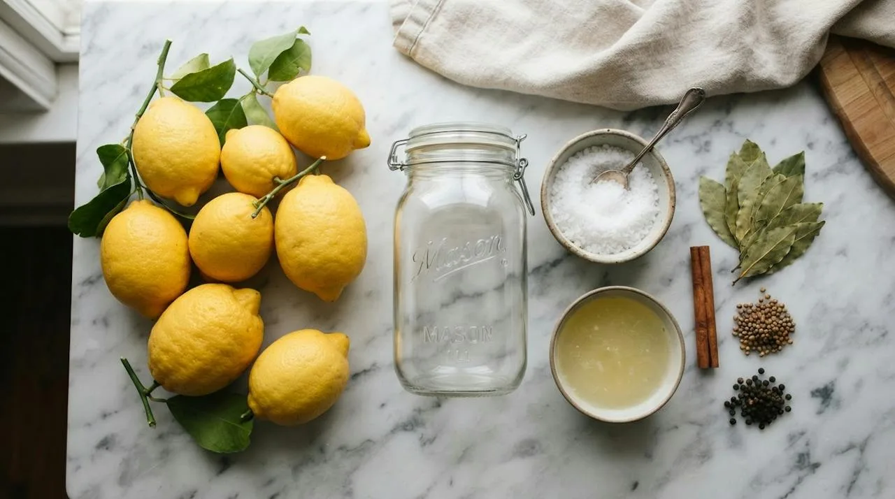 Flat-lay of whole unwaxed lemons, coarse salt, fresh lemon juice, bay leaves, coriander seeds, peppercorns and an empty glass jar on marble