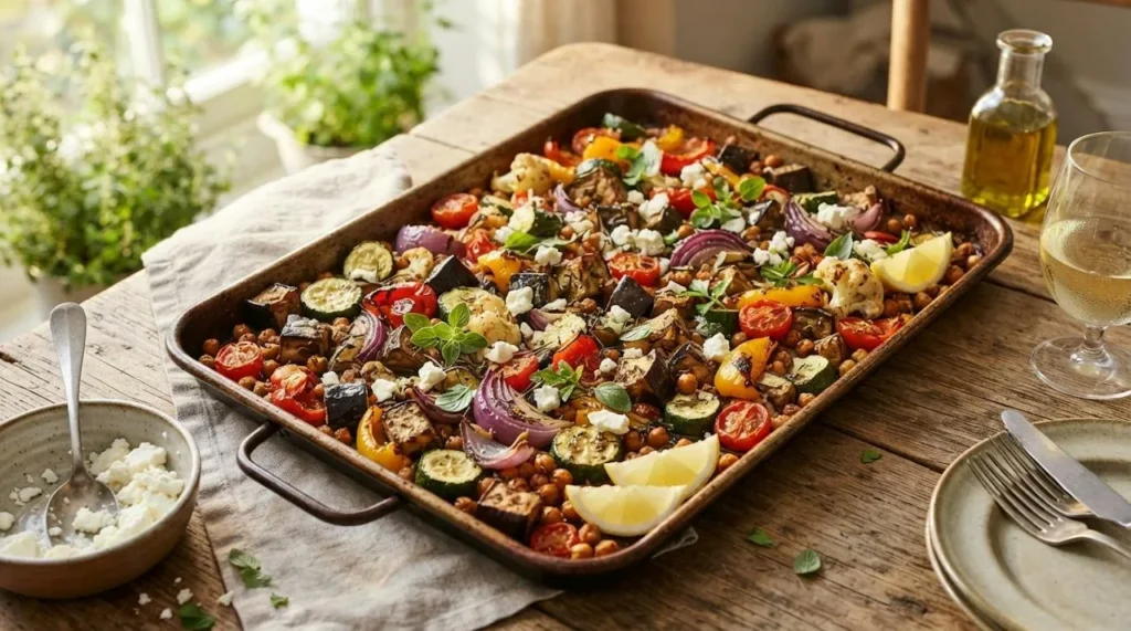 A sheet pan of caramelized Mediterranean roasted vegetables with eggplant, zucchini, red onion, peppers, cherry tomatoes, cauliflower and chickpeas, finished with feta, oregano and lemon