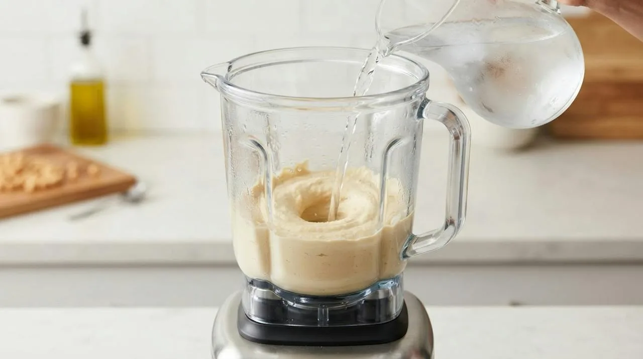 Ice water being poured in a thin stream into a blender of pale, creamy hummus