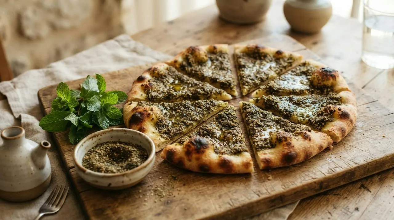 Levantine flatbread topped with za'atar and olive oil, cut into wedges, with a bowl of za'atar and fresh mint