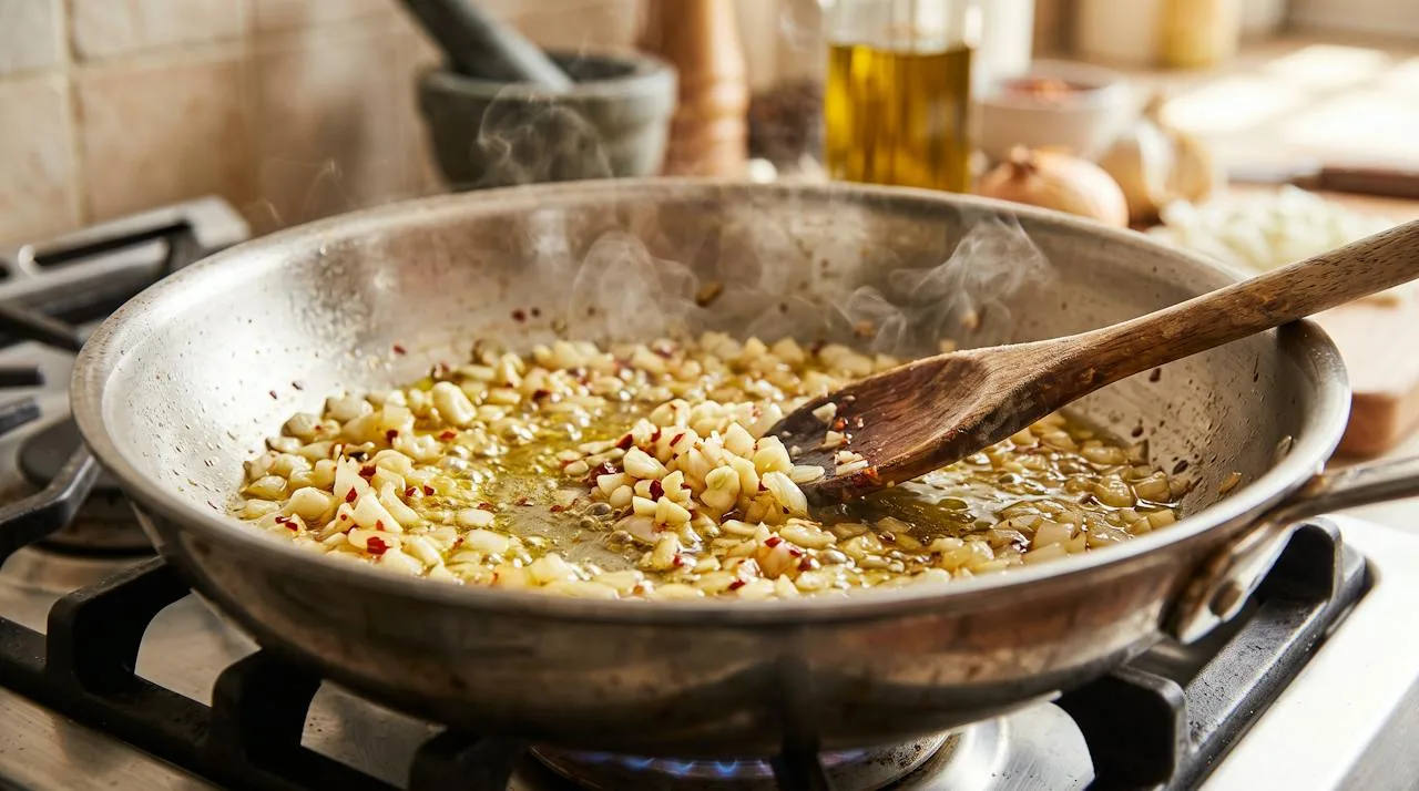 Garlic, onions and red pepper flakes gently sizzling in olive oil in a wide sauté pan with a wooden spoon