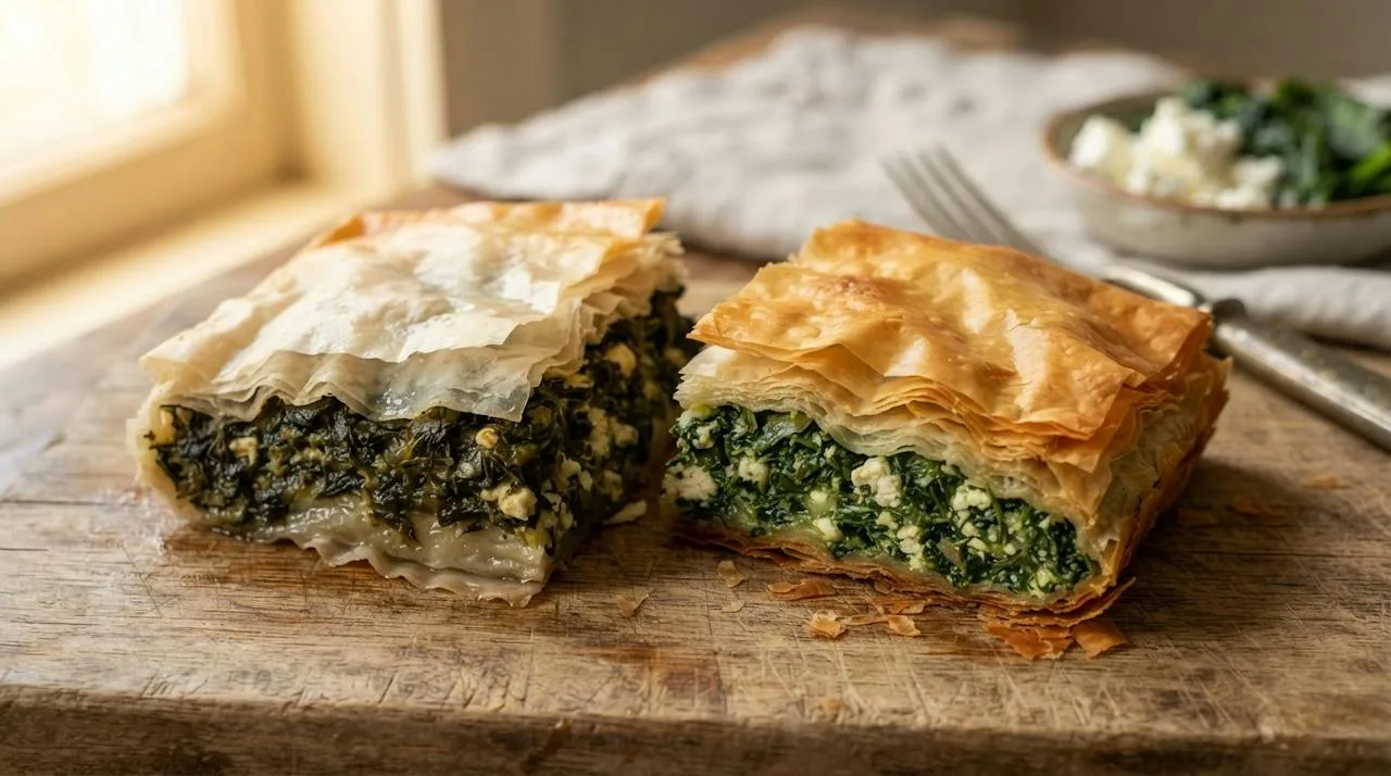Two squares of spinach and feta phyllo pie: one with a pale, damp bottom and wet filling, the other with a golden, crisp bottom and clean green filling