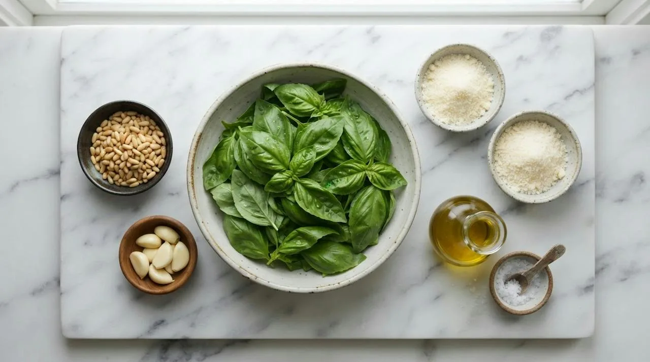 Pesto ingredients on marble: fresh basil leaves, toasted pine nuts, garlic, grated Parmigiano and Pecorino, olive oil and sea salt