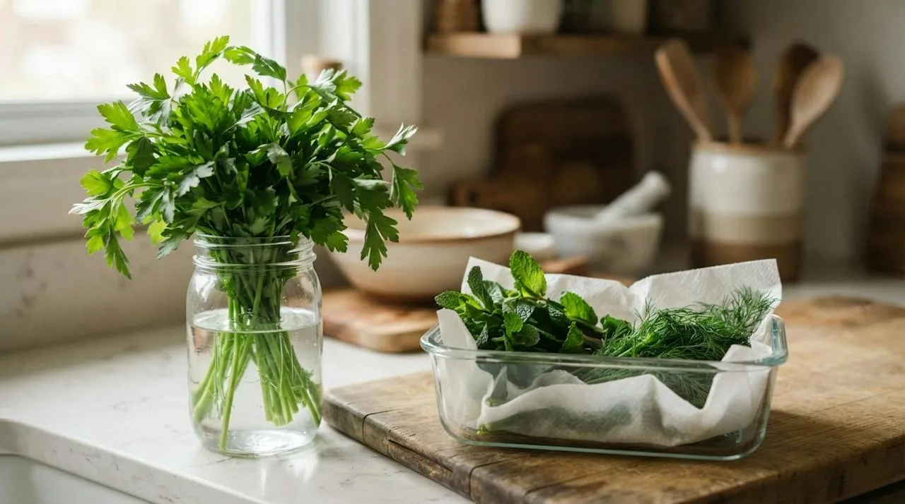A bunch of parsley standing in a glass jar of water, and mint and dill wrapped in a damp paper towel in an open container