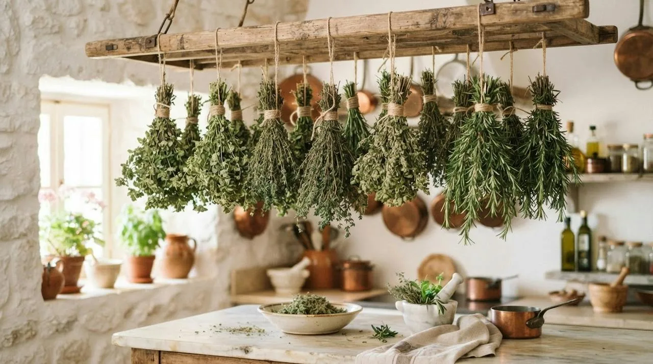 Bundles of oregano, thyme and rosemary tied with twine hanging upside down to dry in a bright kitchen