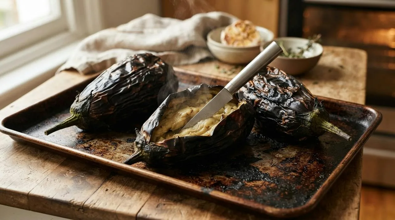 Three whole roasted eggplants on a baking tray with blackened, blistered and collapsed skins