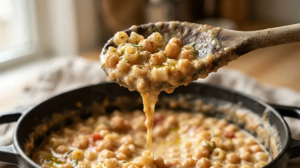 Creamy chickpea sauce coating a wooden spoon of ditalini and whole chickpeas