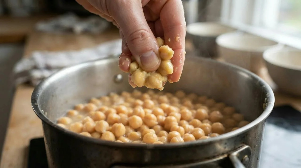 A thumb and finger crushing a very soft cooked chickpea flat over a pot of cooked chickpeas