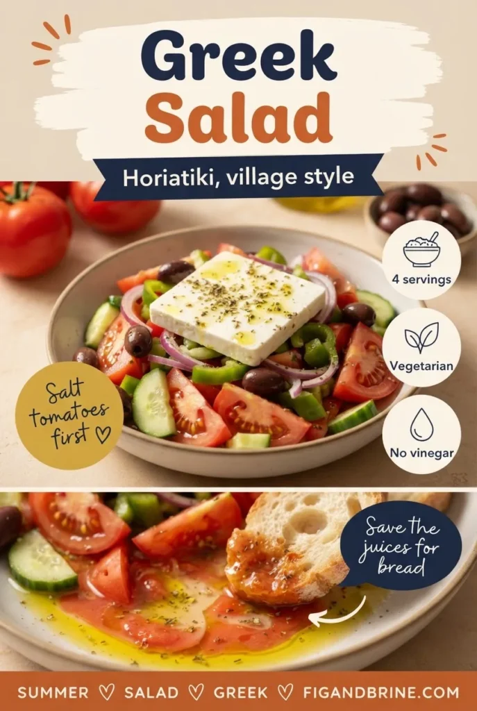 Pinterest pin for Greek village salad horiatiki with tomatoes, cucumber, olives and a slab of feta