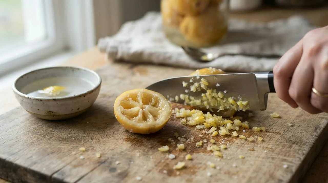 A preserved lemon quarter on a cutting board with the flesh scraped away and the soft rind being finely chopped