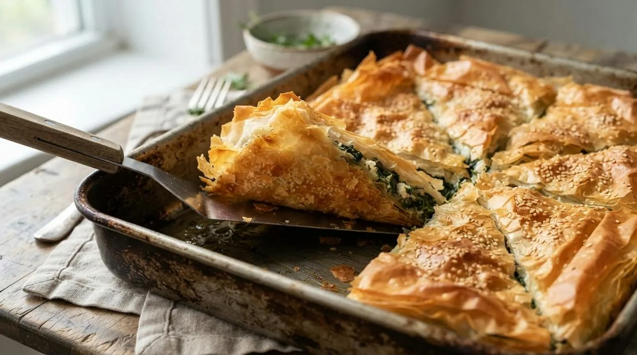 A spatula lifting the corner of baked spanakopita to show a golden, crisp underside below deep golden phyllo layers