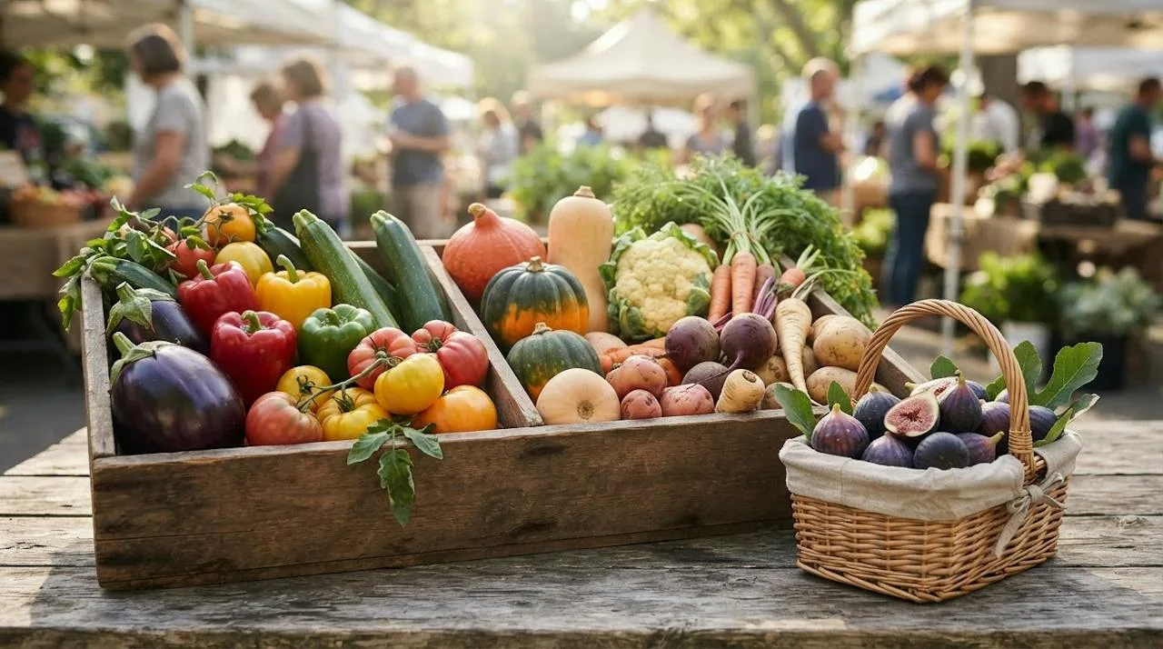 Farmers market crate of seasonal vegetables with summer eggplant and tomatoes beside autumn squash and root vegetables, with a basket of figs