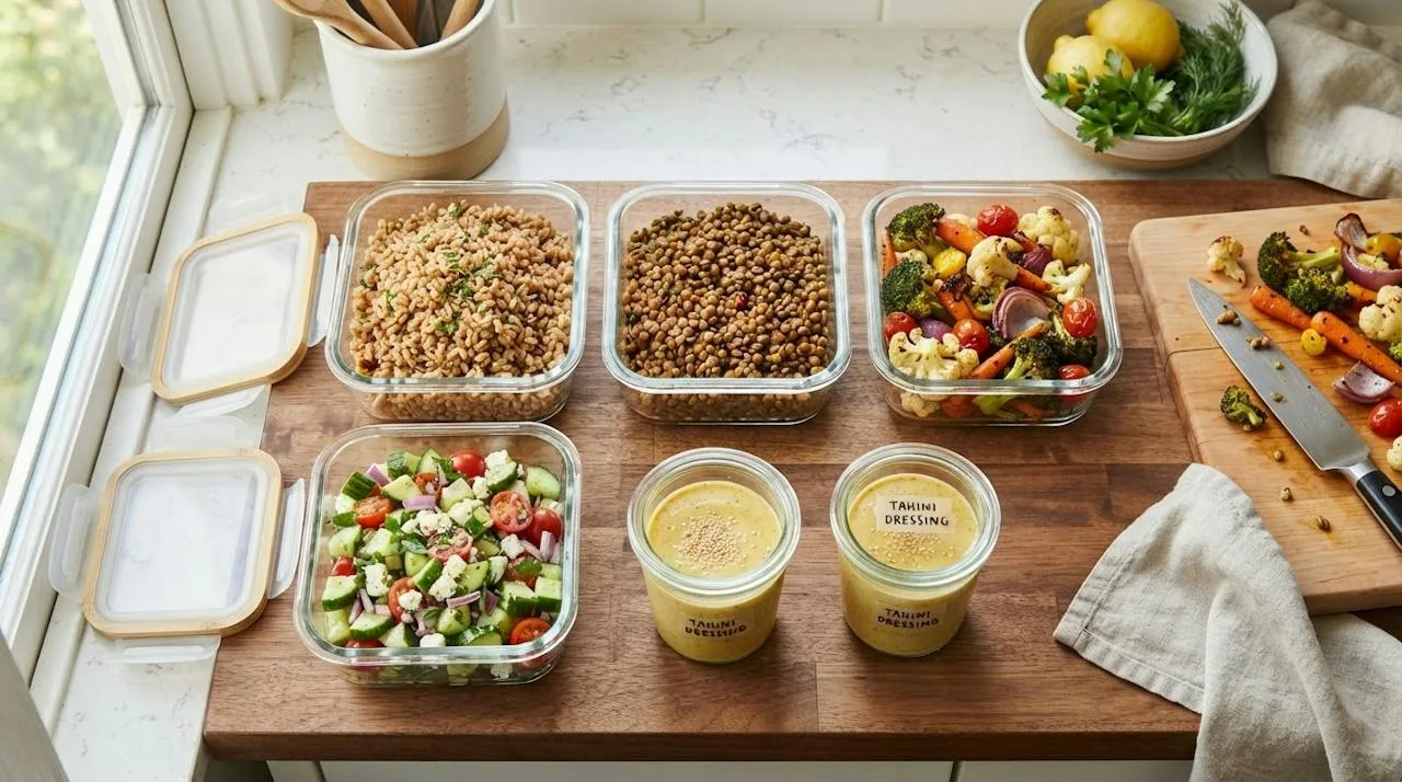 Glass meal prep containers with cooked farro, lentils, roasted vegetables, cucumber salad and jars of tahini dressing kept separate