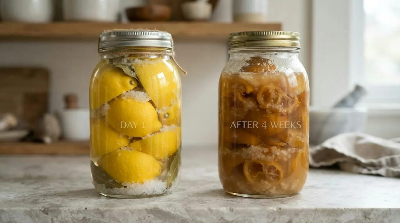 Two jars of preserved lemons, one freshly packed with bright firm lemons and one after four weeks with soft golden translucent rinds in cloudy brine