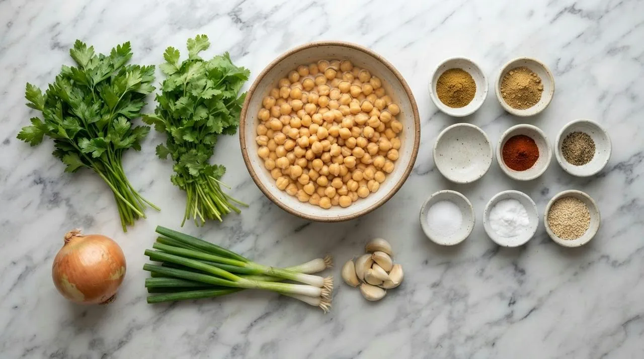 Soaked chickpeas, parsley, cilantro, onion, scallions, garlic, spices, baking soda and sesame seeds on marble