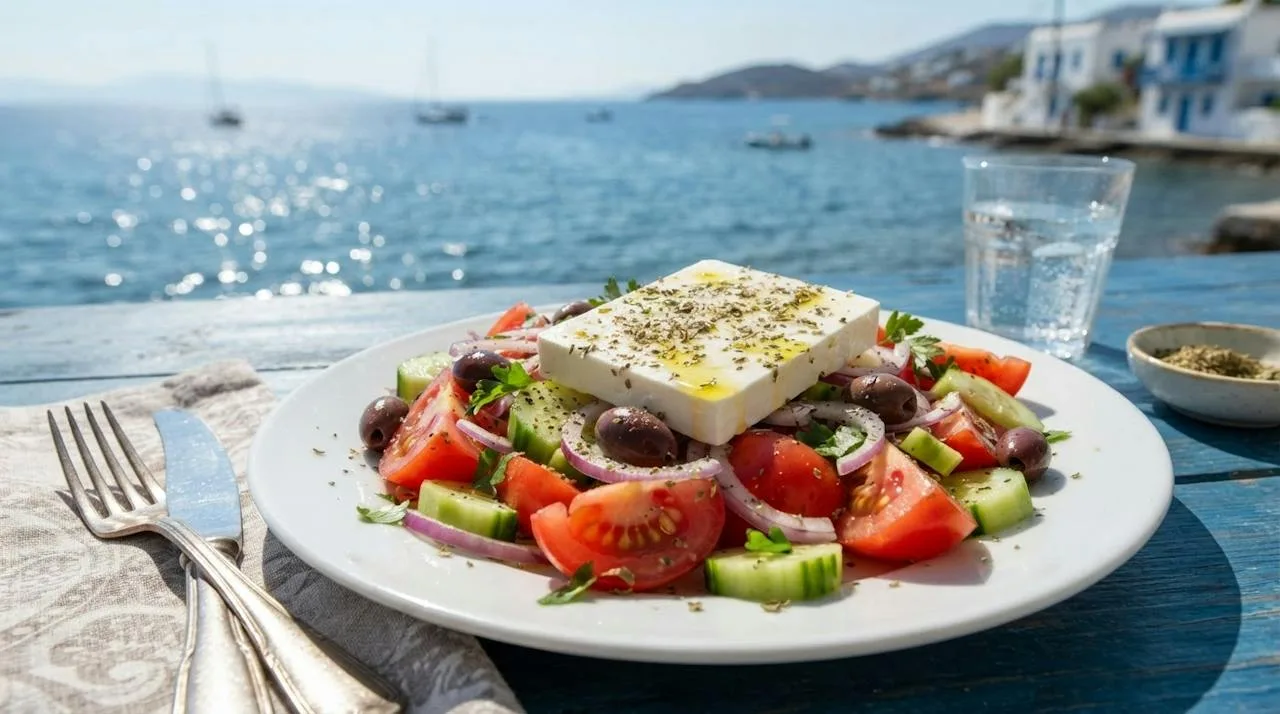 A Greek salad with tomatoes, cucumber, onion, olives and feta, drizzled with olive oil and sprinkled with dried oregano