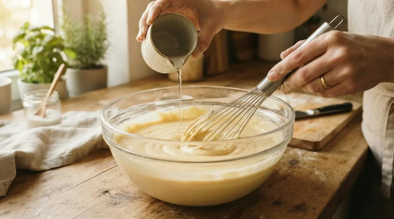 Hands whisking water gradually into chickpea flour in a glass bowl