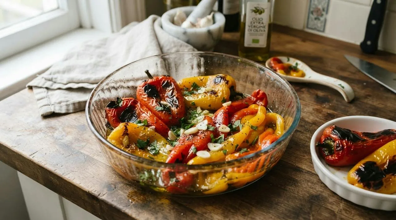 Whole red and yellow bell peppers roasted until blistered and charred, some peeled into silky strips in a bowl with garlic and olive oil