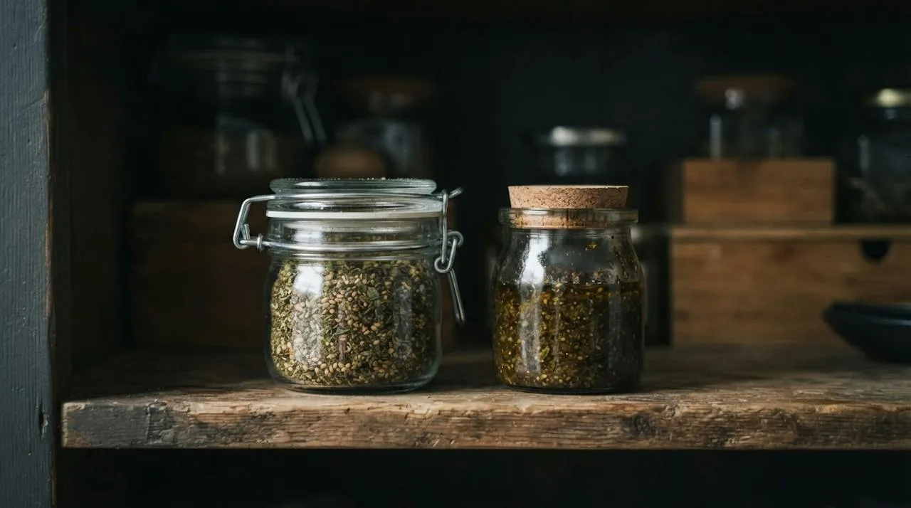 A small airtight jar of homemade za'atar in a cool cupboard next to a covered jar of za'atar and olive oil paste
