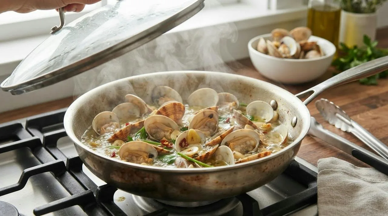 Manila clams opening in white wine, garlic and parsley stems in a stainless-steel skillet as the lid is lifted
